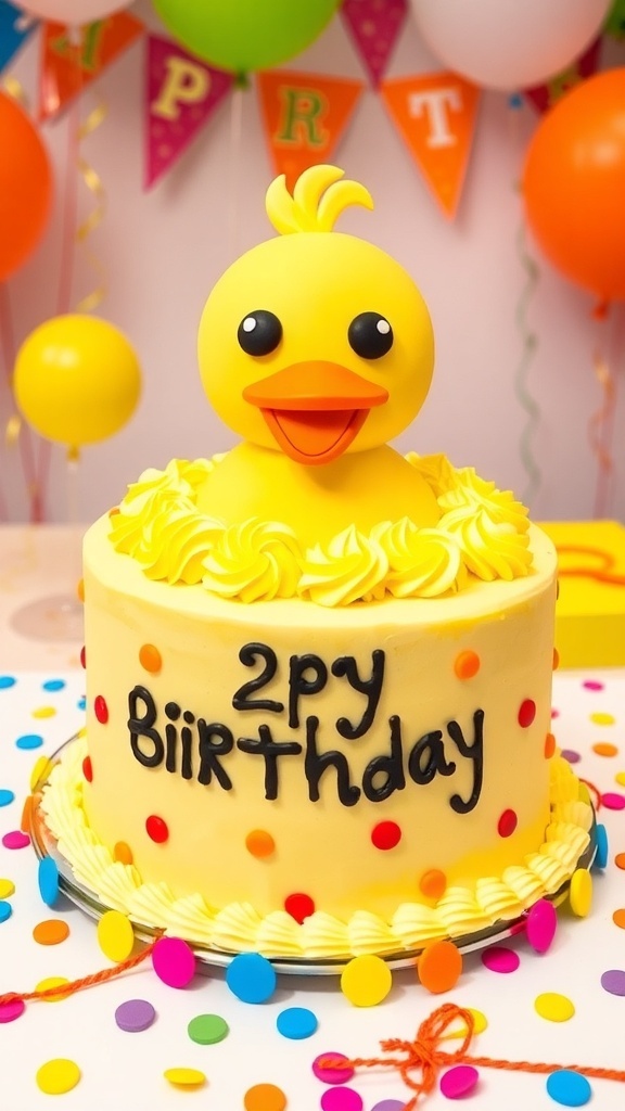Duck-themed birthday cake with yellow fondant, black eyes, and orange beak on a festive table.